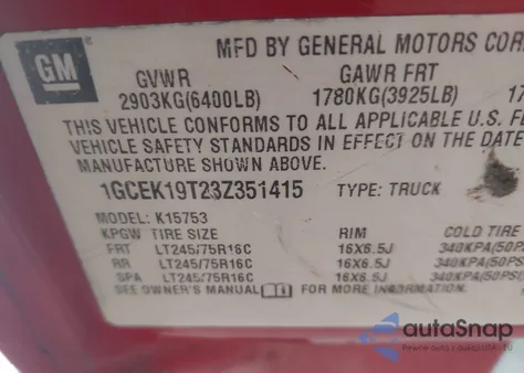 2003 Chevrolet Silverado 1500 Ls z USA, uszkodzony, nr VIN 1GCEK19T23Z351415